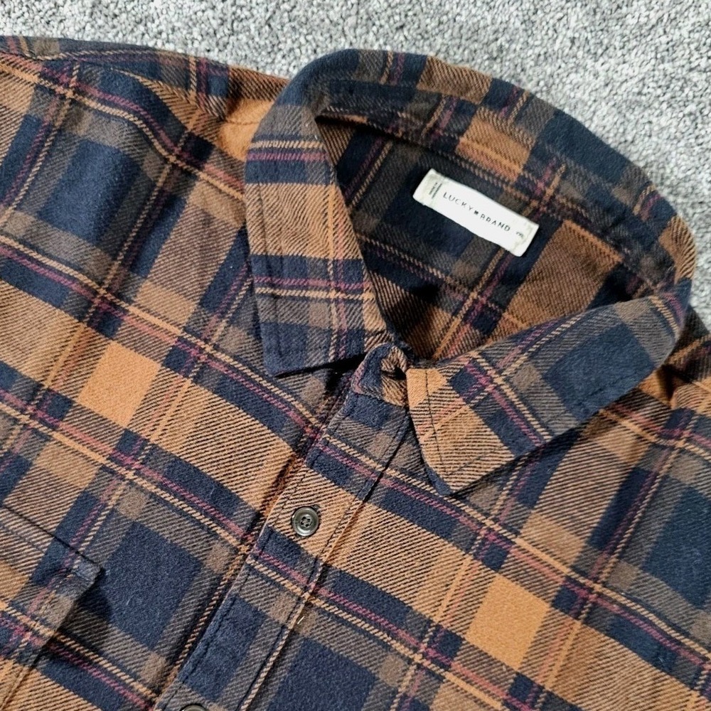 Lucky‎ Brand Flannel Button Down Mens XXL orange Navy Blue Plaid 26H4000